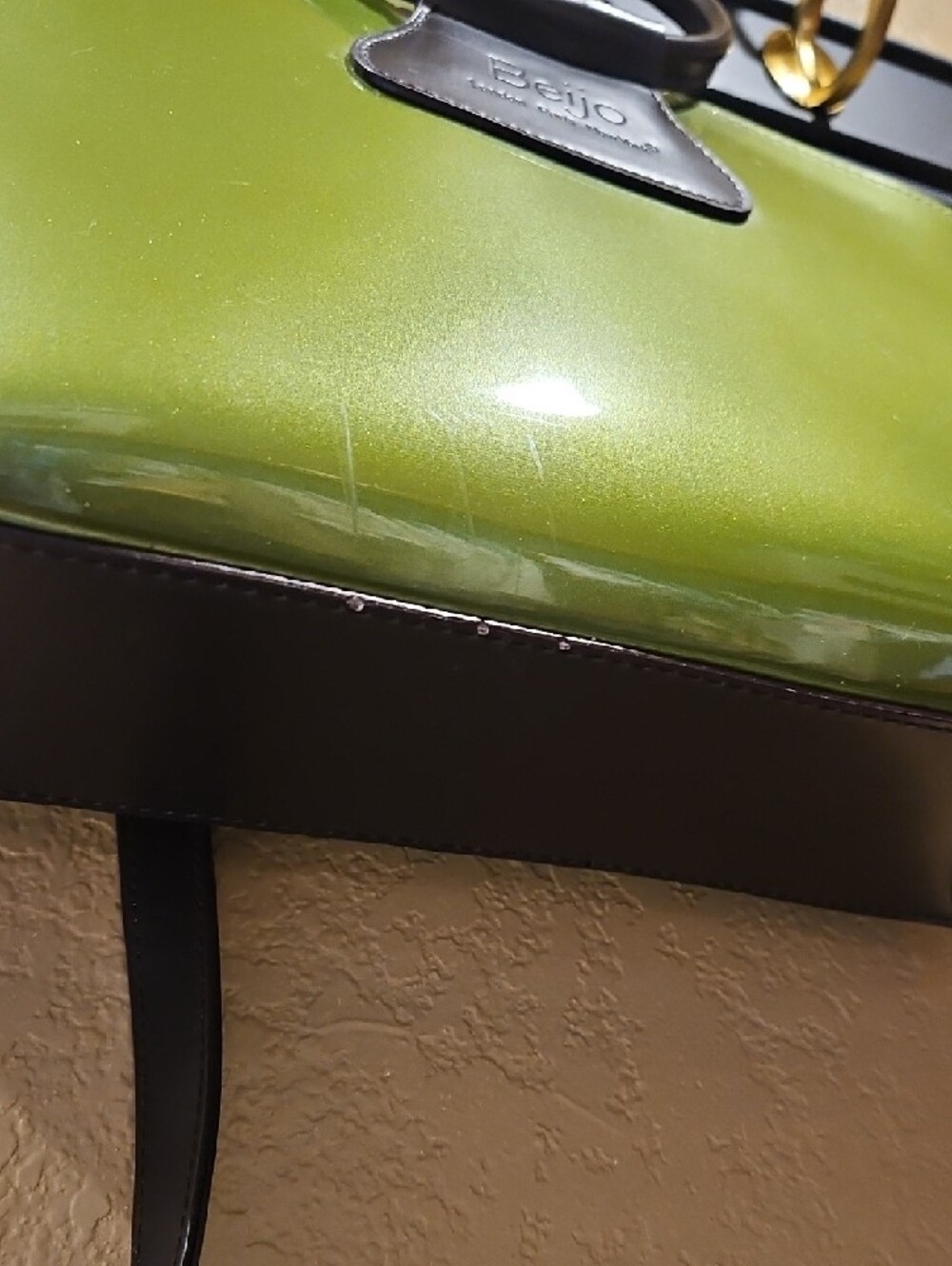 Olive Green Patent Tote with Black Ring Handles - Picture 4 of 7